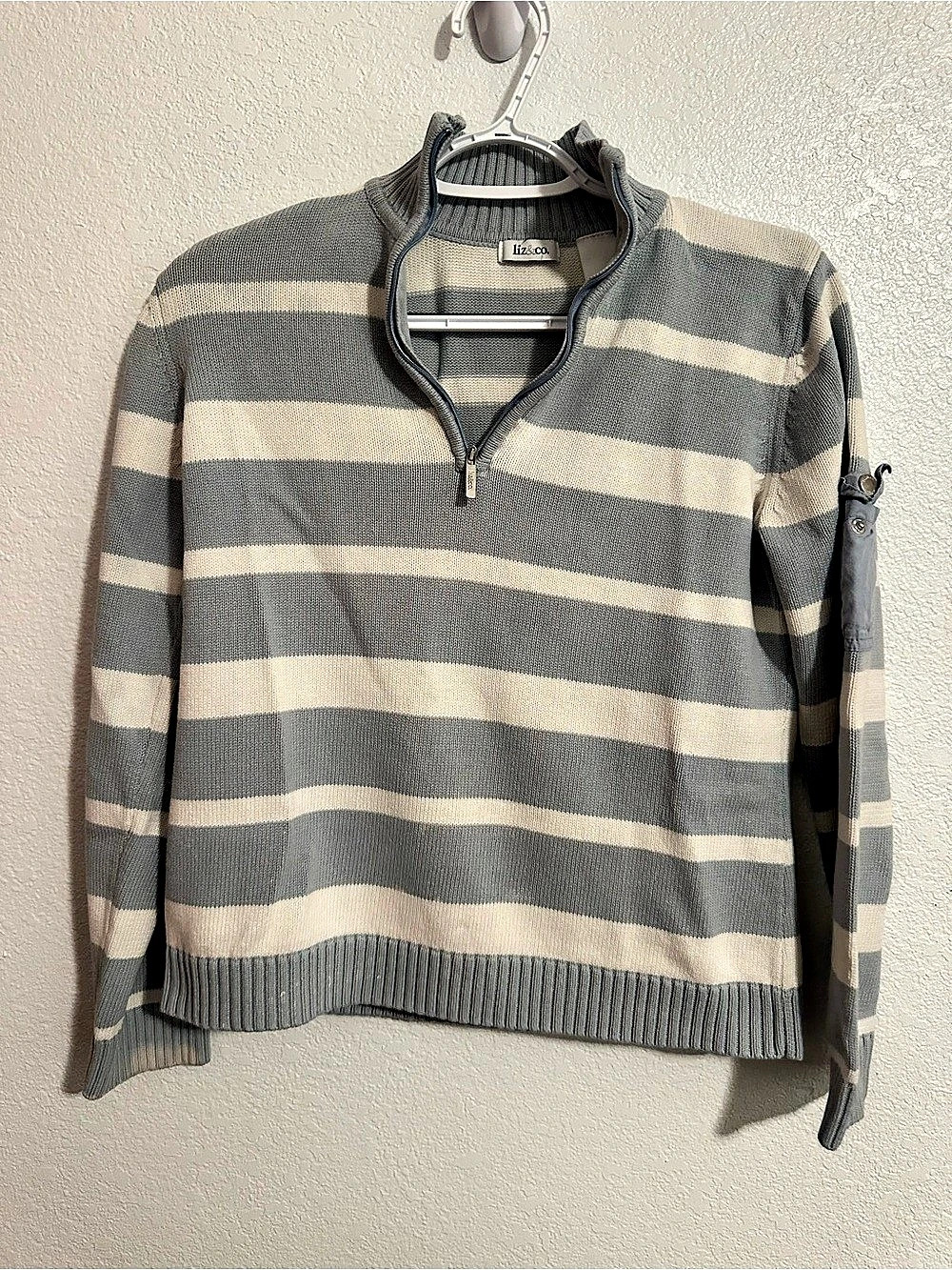 liz&co. Quarter Zip Striped Knit Sweater with Sleeve Pocket. Quarter Zip Striped